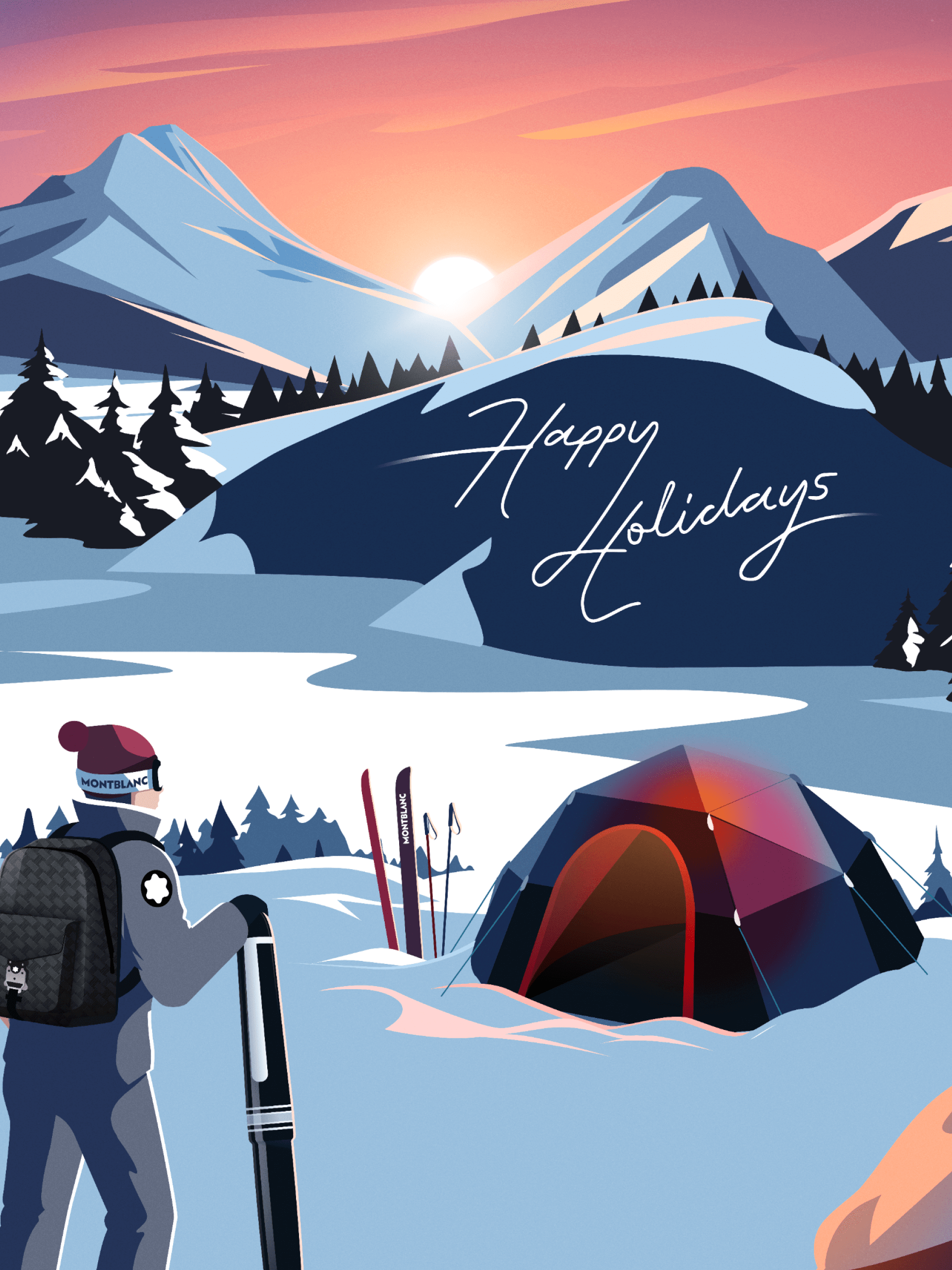 Personagem em roupa de ski admira o pôr do Sol de um acampamento nas montanhas geladas